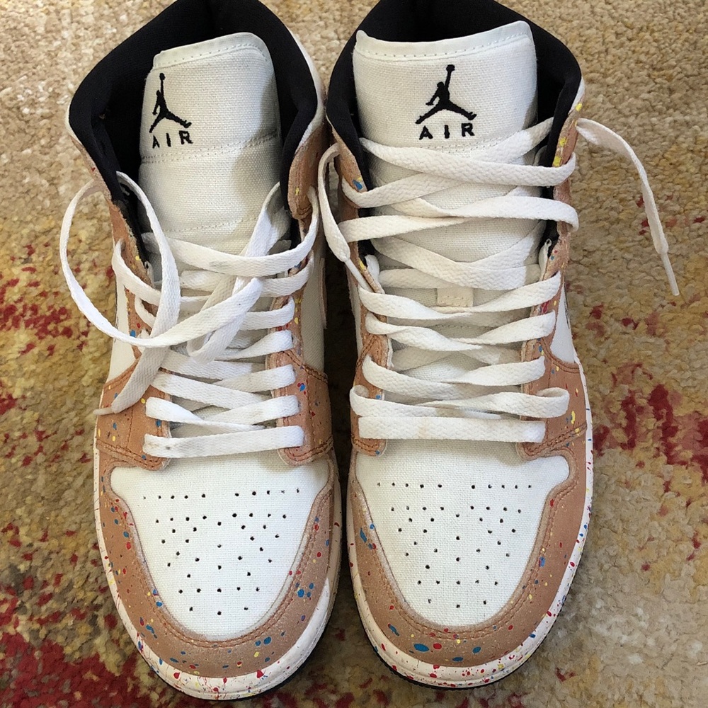 Nike Air Jordan 1 Mid White & Tan Suede with Multicolor Paint Splatter - Picture 7 of 7